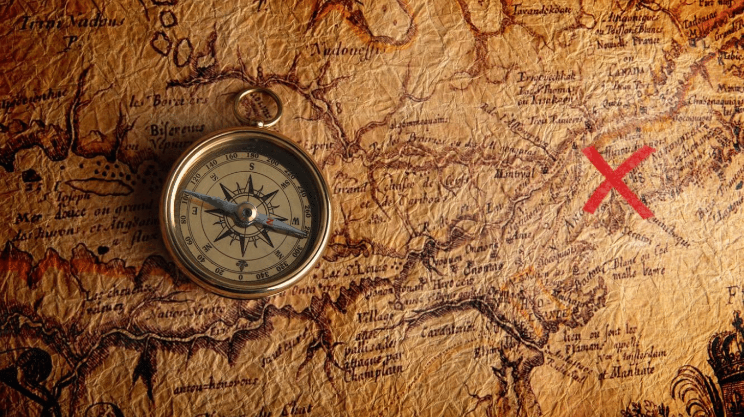 Gamification Training, AI Adventure, a compass on a treasure map