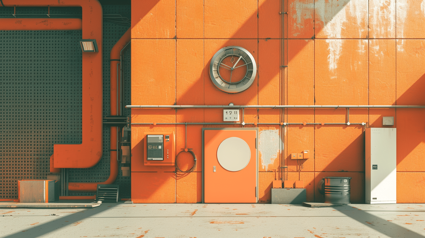 VAIT documentation, a back entrance of a factory, a metal clock above the entrance
