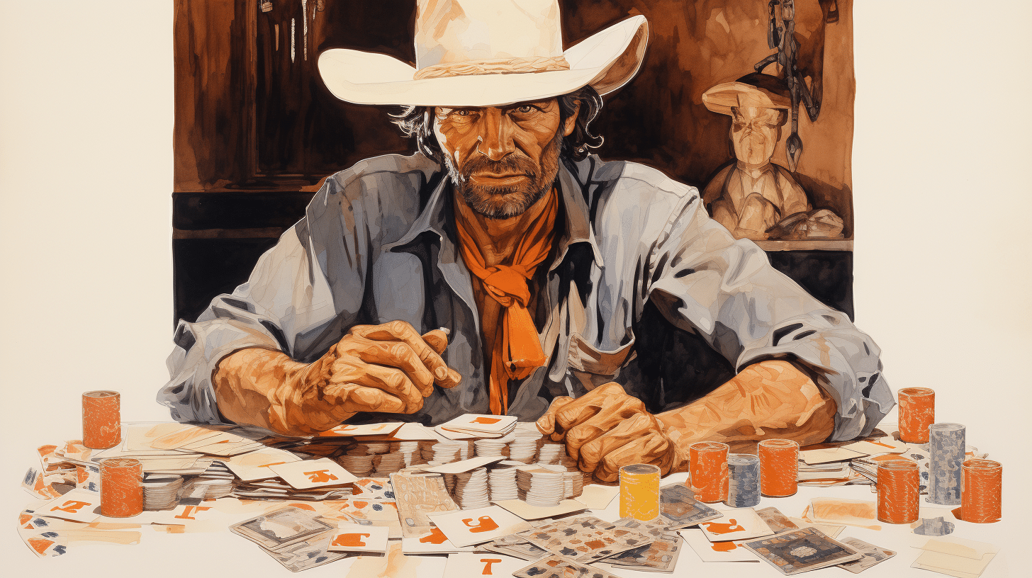 Herramienta de comparación de informes de riesgo para un banco central, un vaquero en una mesa de póquer, cartas y apuestas sobre la mesa.